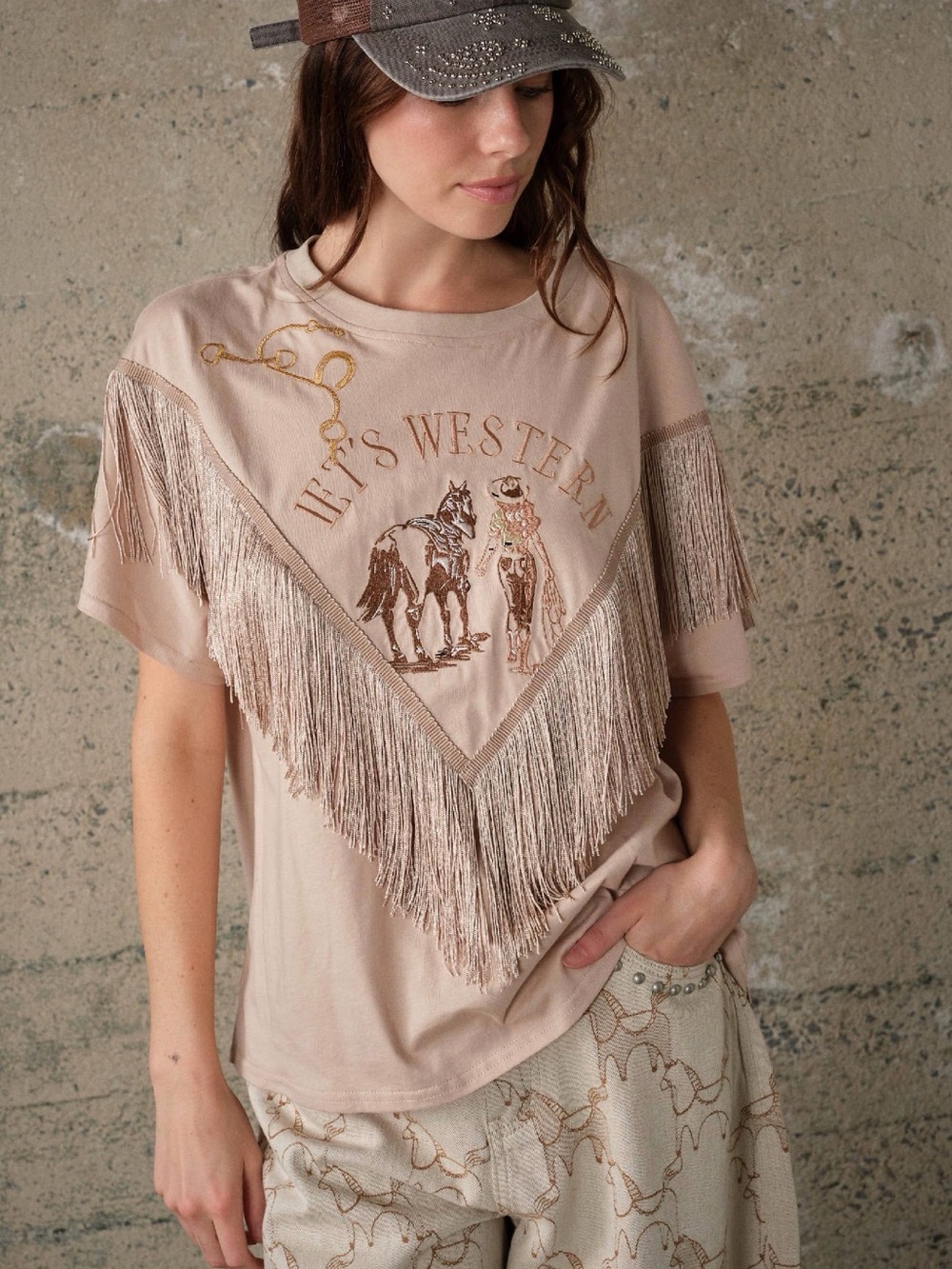 Women's Dusty Pink Western Fringe Tee